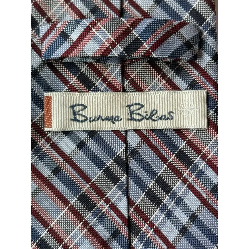 BURMA BIBAS Men's 100% Silk Neck Tie Red White‎ Blue Striped - USA America EUC